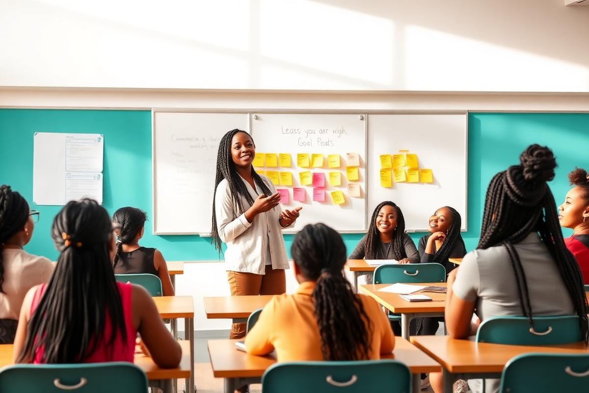 An adolescent girl of color confidently presenting goal-setting ideas to her classmates