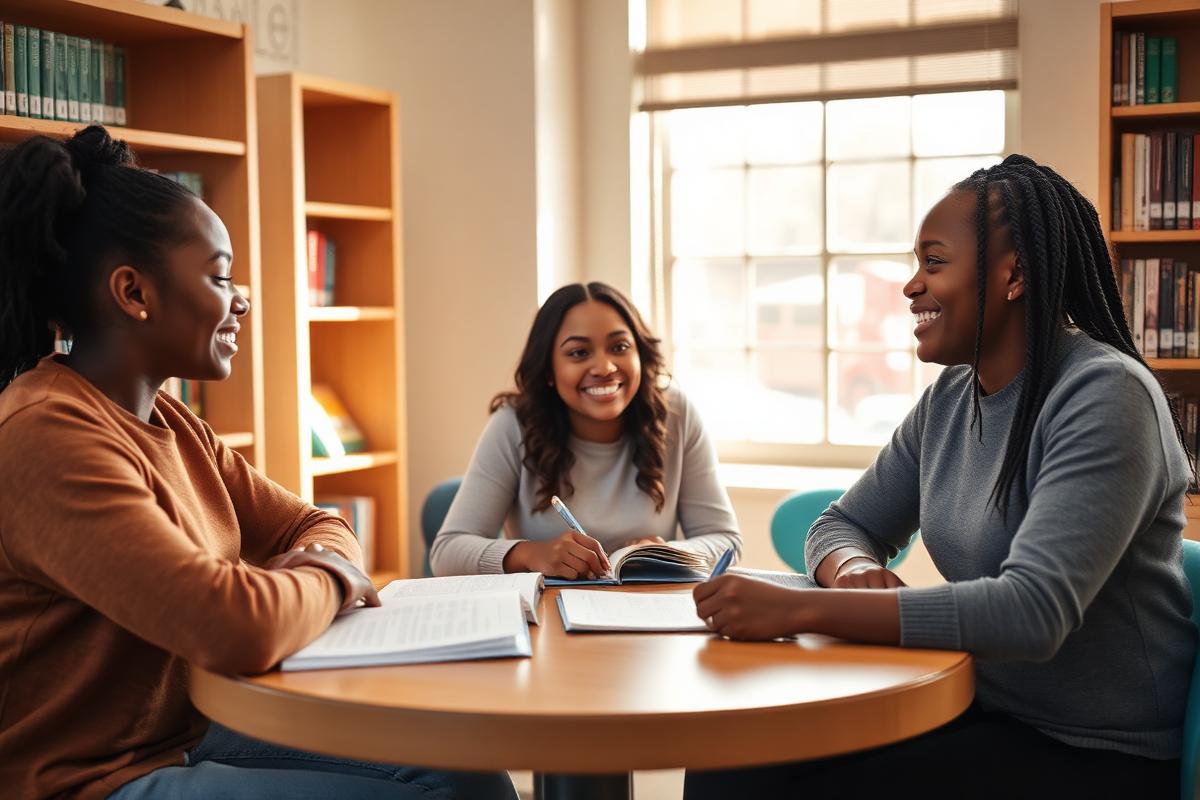 A mentor in warm conversation with two adolescent girls of color over open journals in a school library